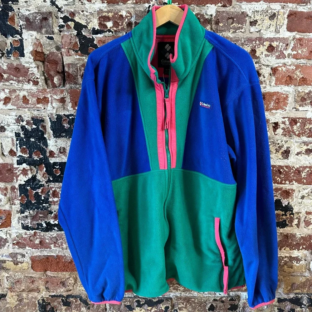 Columbia Back Bowl Full Zip Fleece Blue Green Retro Mens XL